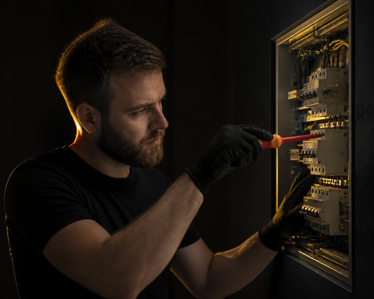 Elektricien werkt aan een groepenkast met geïsoleerd gereedschap